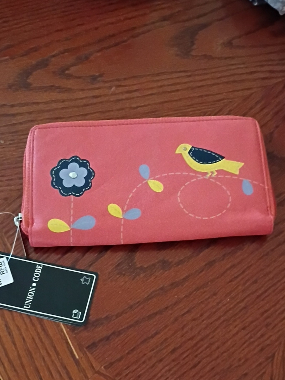 Genuine Leather Coral & Yellow Bird Zip RFID Wallet